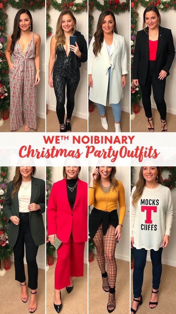 A collection of stylish nonbinary Christmas party outfits featuring diverse styles and festive accessories.